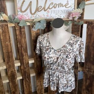 Lucky Brand casual top cream floral print shirt ruffle sleeve tunic NWT Sz med